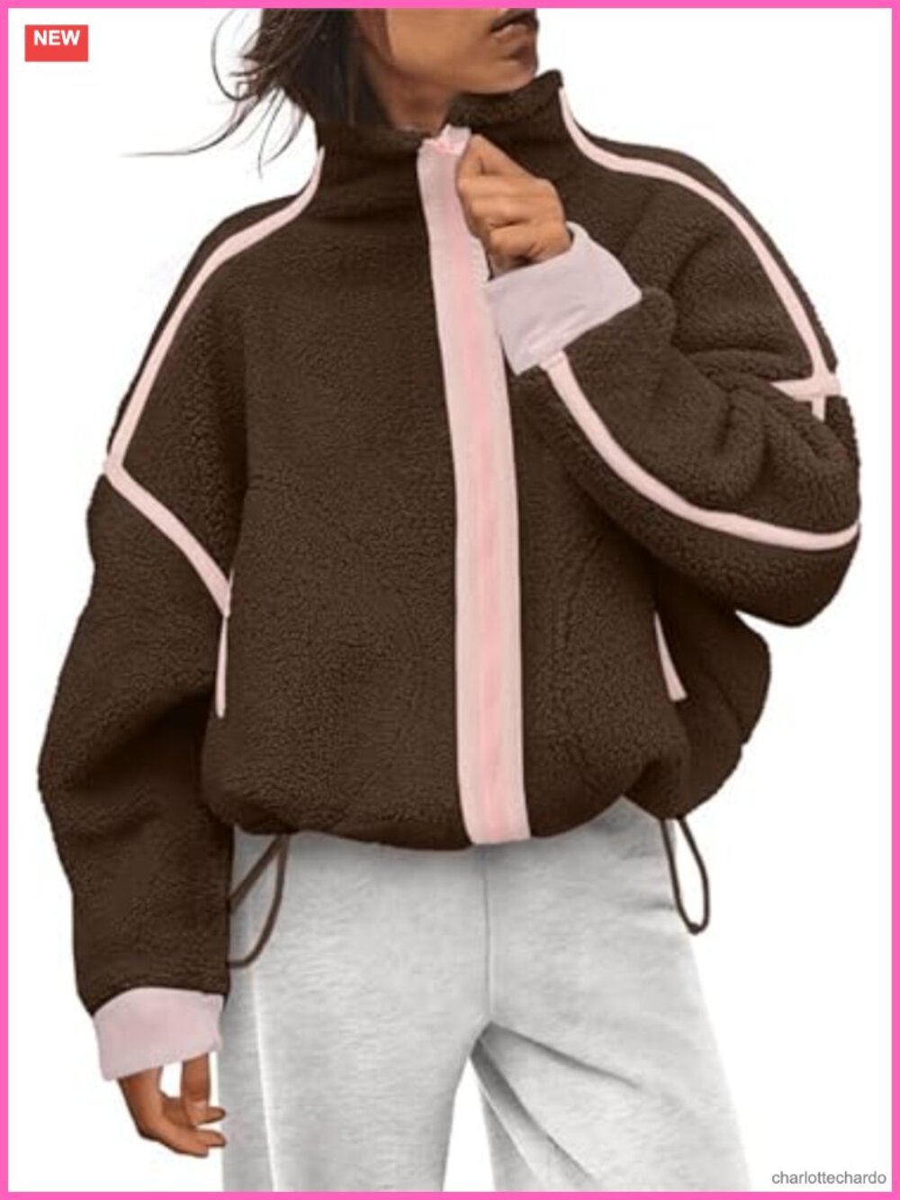 Sherpa Fleece Zip Up Jacket Women Cropped Cinch Waist Teddy Coat